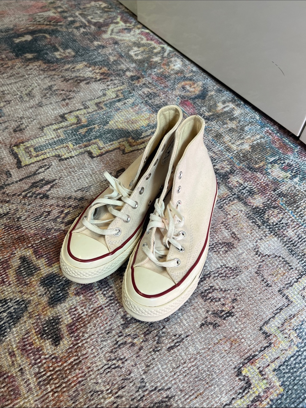 Converse High-Top Sneakers in Cream with Burgundy Stripe - Picture 1 of 8